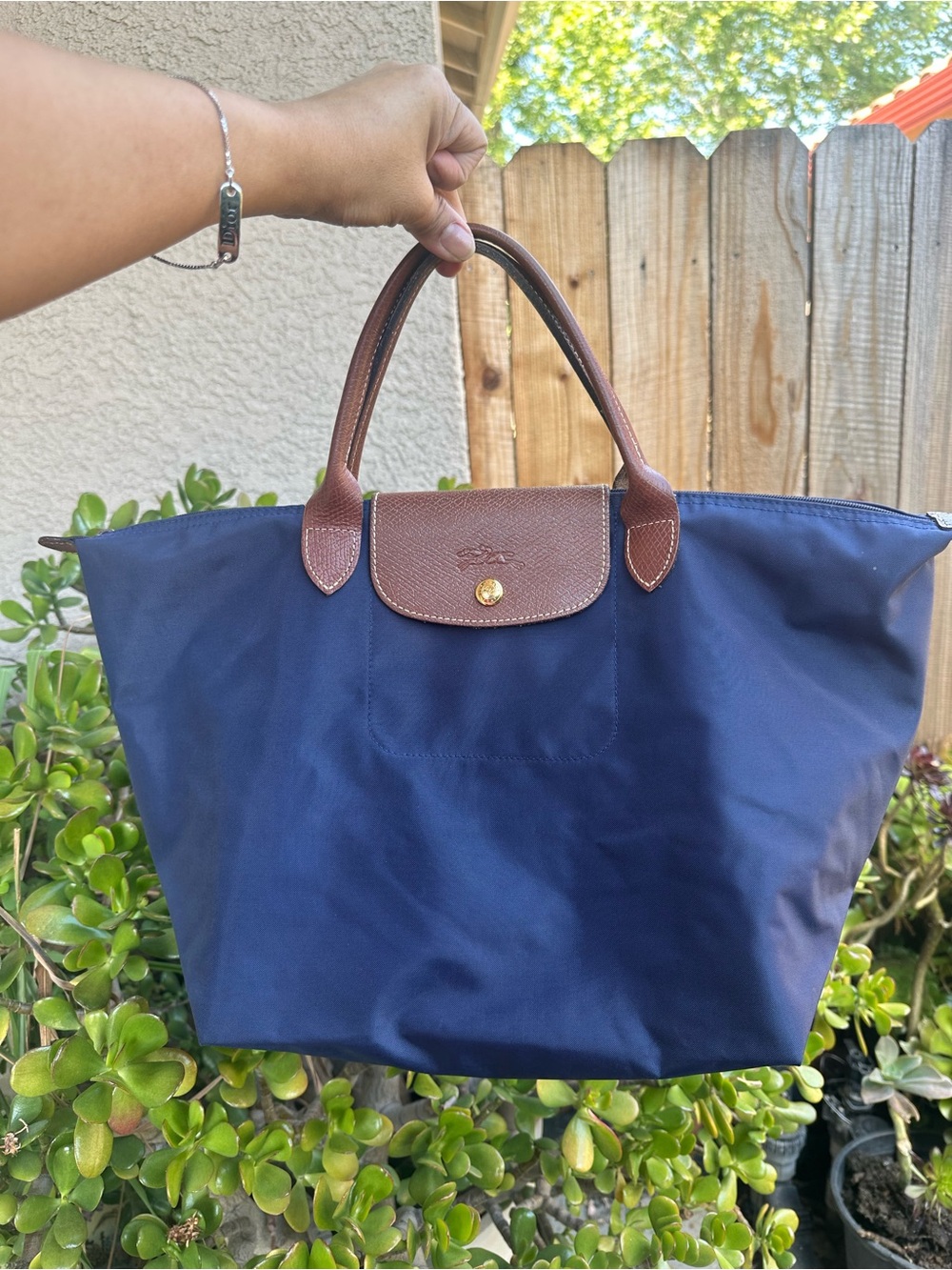 LONGCHAMP Navy Tote with Brown Leather Trim